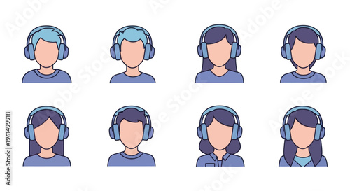 Set of diverse faceless avatars with headphones in flat style, representing people listening to music or podcasts, perfect for social media or communication apps