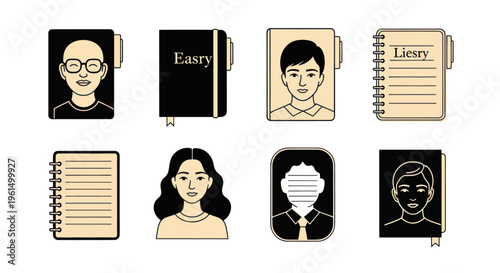 Set of diverse profile and notebook icons representing user accounts, contact lists, and personal organization for digital UI design or app interface