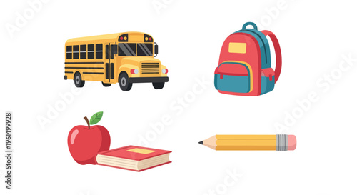 Back to school concept with yellow school bus, colorful backpack, red apple with book and pencil on white background, education and learning illustration