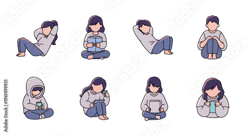 Set of diverse young people sitting doing activities such as reading, exercising, drinking, and using devices flat cartoon illustration, perfect for educational or lifestyle projects