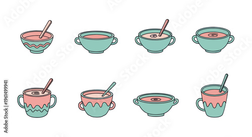 Set of eight colorful hand-drawn soup bowls with spoons, ideal for recipe illustrations, food blogs, or menu designs