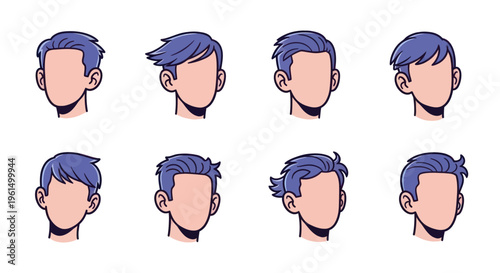 Set of eight male cartoon avatar hairstyles with blue hair in different styles and lengths, perfect for character design and game development