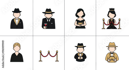 Set of elegant cartoon characters in vintage formal attire with hats, drink, awards, and red carpet elements, perfect for event and celebration designs