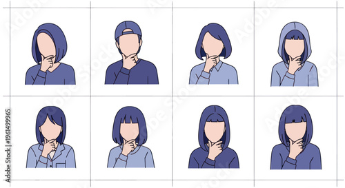 Set of faceless diverse people thinking or pondering with hand on chin in casual clothing and hoodies, vector illustration for thoughtful emotion concept