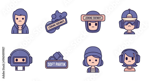 Set of sad cartoon avatars with headphones, hats, and signs reading looking sideways and soft partik, perfect for gaming or social media profile use