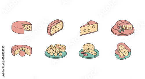 Set of various cheese types and cheese platters with fruits and snacks, ideal for culinary, food blog, and menu design projects