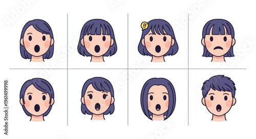 Set of surprised and shocked anime face avatars with different hairstyles and expressions, perfect for emoticons, social media, and communication graphics