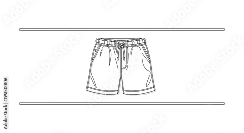 Technical fashion flat sketch of comfortable men's drawstring shorts on a clean white background