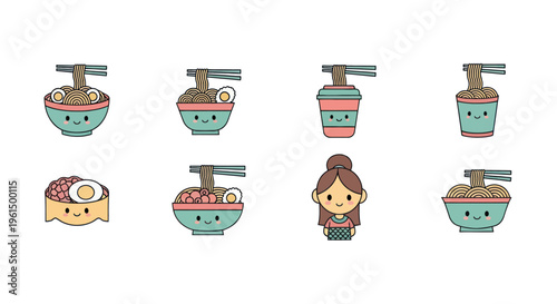 Cute kawaii ramen noodle bowls with chopsticks and smiling faces, boiled egg and meat toppings, adorable Japanese food illustrations, perfect for menus and apps