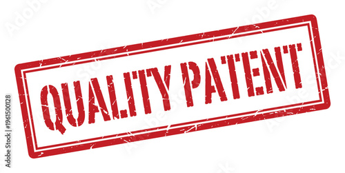 Quality patent stamp, red distressed grunge rectangle, approved and official business document seal on transparent background