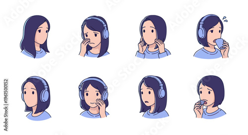 Female character with headphones showing various emotions eating and drinking, useful for health and lifestyle illustrations