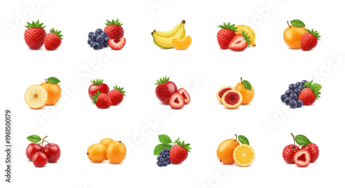 Fresh mixed fruits collection including strawberries, bananas, blueberries, apricots, cherries, and figs isolated on white background, perfect for healthy food and nutrition projects