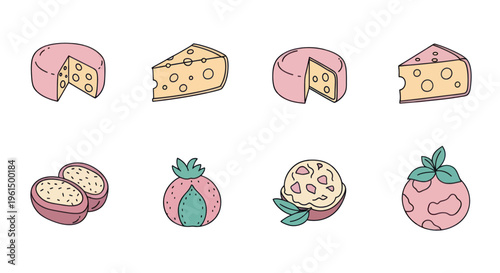 Hand drawn vector icons of cheese varieties and passion fruit illustrations, colorful food clipart for recipes, menus, and packaging design