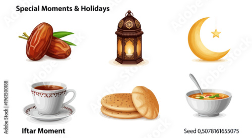 Iftar moment illustration with dates, traditional lantern, crescent moon, tea, bread, and soup for Ramadan and special holiday celebrations