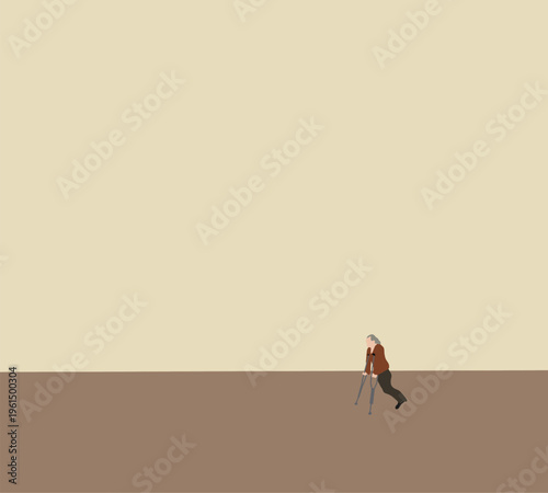 Senior man with crutches and one leg walking on street. Elderly patient with disability and painfully.  