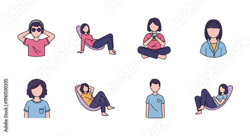 Set of faceless young men and women in casual clothes in various relaxed and sitting poses, perfect for lifestyle and social media illustrations