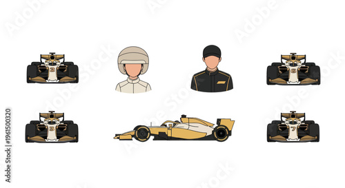 Set of gold and black race car illustrations with driver and crew in uniform, perfect for motorsport and racing design projects