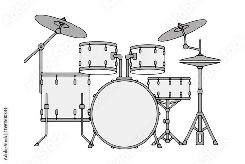 An isolated 3d illustration of a professional jazz drum kit and percussion instrument set featuring metal cymbals and musical equipment for a rock drummer in a studio