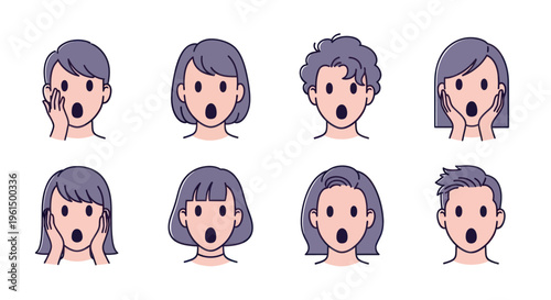 Set of surprised and shocked cartoon faces with various hairstyles and expressions, perfect for emotions, reactions, and communication visuals