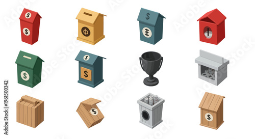 Set of various colorful donation boxes and a trophy isolated on white background, charity, fundraising icons, money collection concepts