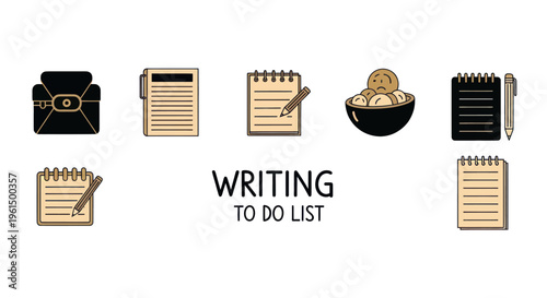 Writing to do list icons with notebooks and pens for productivity and organization concept, vector illustrations for planner design