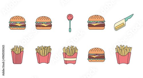 Vector illustration of cheeseburgers and French fries with a spatula and smiling spoon, fast food icons for restaurant, menu, or digital design