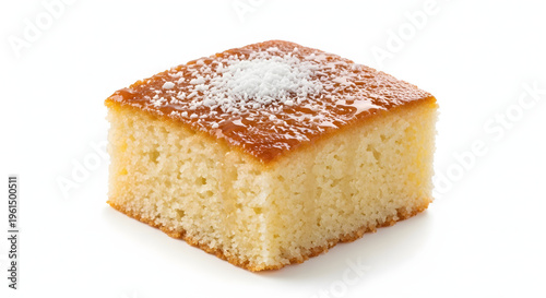 Photorealistic slice of Turkish Revani semolina cake soaked in lemon syrup and garnished with coconut flakes