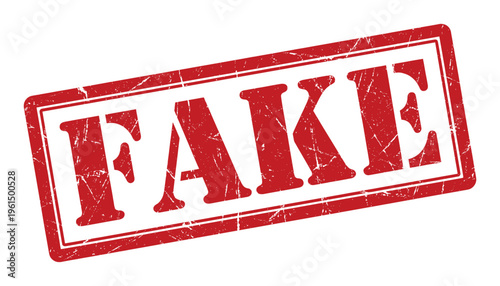Red rubber stamp with word fake in uppercase letters on transparent background, grunge texture