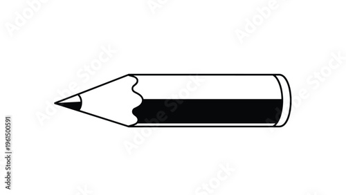 Simple black and white illustration of a short sharpened pencil lying horizontally on a plain white background.