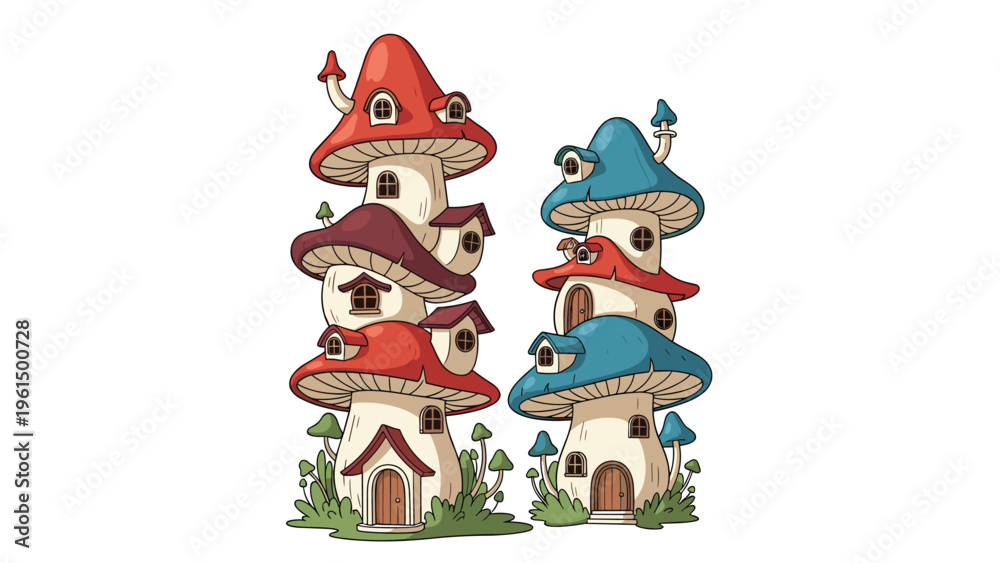 Fototapeta premium Village of whimsical mushroom houses with red and blue caps, chimneys, and small windows sits on a grassy base.
