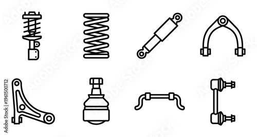Set of automotive suspension parts including springs shock absorbers control arms and joints
