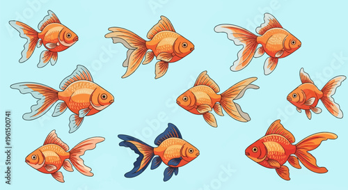 Vector illustration set of nine goldfish with flowing fins swimming in various directions on a light blue background, featuring one orange fish with dark blue fins and scales.