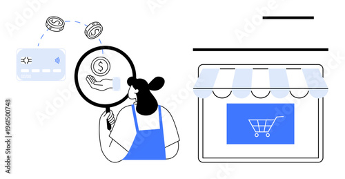 Ecommerce, digital payments, business analysis, online shopping, retail sales, store management. Woman holding magnifying glass with payment symbols and storefront. Ecommerce and digital payments