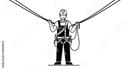 Electrical lineman utility worker wearing a safety harness and hard hat holding high-voltage power lines, minimalist black and white line art vector illustration isolated on white.