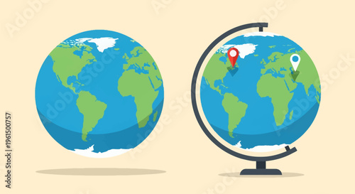 Set of two world globe vector icons including a standalone sphere and a globe on a stand with red and white location pins on North America and Asia, flat design geography illustration.