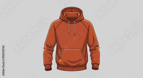 A flat vector illustration of a basic orange hoodie mockup with white drawstrings, a kangaroo front pocket, ribbed cuffs, and hem, isolated on a light gray background.