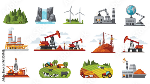 Industrial icons set features renewable energy sources, oil extraction rigs, agricultural farms, and factory buildings in vector style.