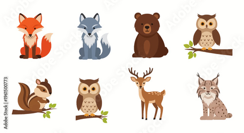 Vector illustration set of flat cartoon forest animals including red fox, grey wolf, brown bear, two owls on branches, a chipmunk, a deer with antlers, and a lynx bobcat on white.