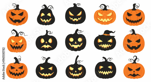 Set of fifteen Halloween jack-o-lantern pumpkins with various scary and funny carved faces, including orange pumpkins and black silhouettes with glowing eyes on white background.