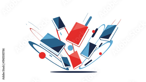 Dynamic illustration of colorful books floating and spinning in space represents education, knowledge, and creative learning.