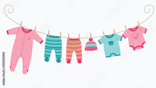 Assorted baby clothing items including onesie striped pants and a beanie hanging on a simple curved clothesline illustration.