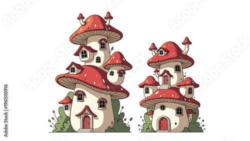 Pair of whimsical mushroom houses featuring multiple windows and red caps with white dots in a colorful pixel art style.