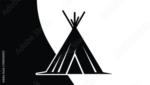 Graphic black silhouette of a traditional native American teepee set against a striking black and white geometric background.