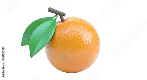 Orange with leaves and stem on white background