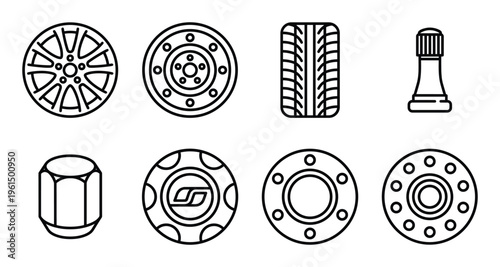 Vehicle wheel and tire maintenance icons featuring rim designs lug nut tire tread and valve stem