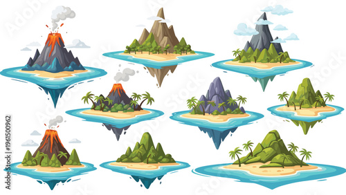 Collection of floating tropical islands featuring volcanoes mountains and palm trees designed in a detailed pixel art style.