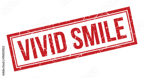 Vivid smile stamp, red grunge distressed rectangle, cheerful expression, positive emotion, dental care on transparent background