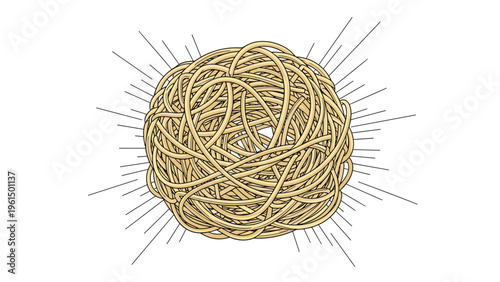 Detailed hand drawn sketch of a large ball of tangled string or spaghetti with radiating lines suggesting light or motion.