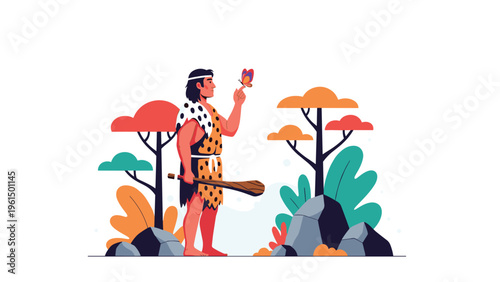 Prehistoric caveman wearing animal skin clothing holding a wooden club while looking at a butterfly perched on his finger.