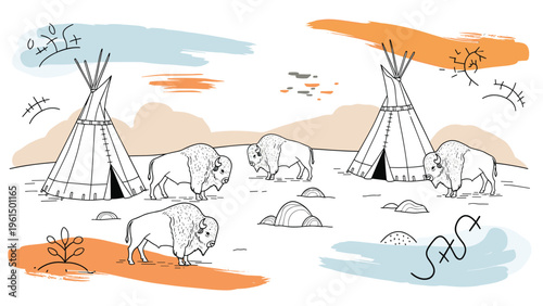 Hand drawn illustration of a native American scene featuring teepees grazing buffalo and various symbolic abstract markings.